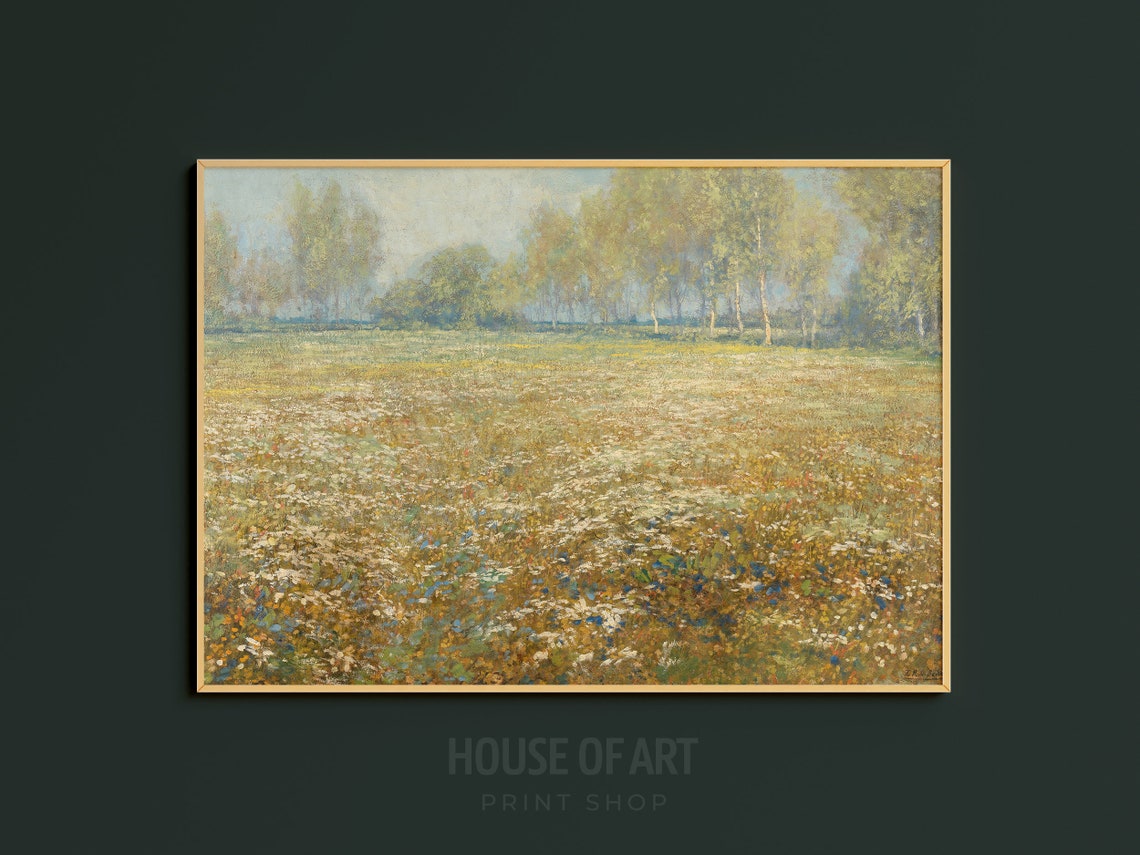 Meadow Landscape Painting Vintage Country Landscape Print Wildflower Landscape Farmhouse Decor Country Field Wall Art Meadow Wall Art - Image 3