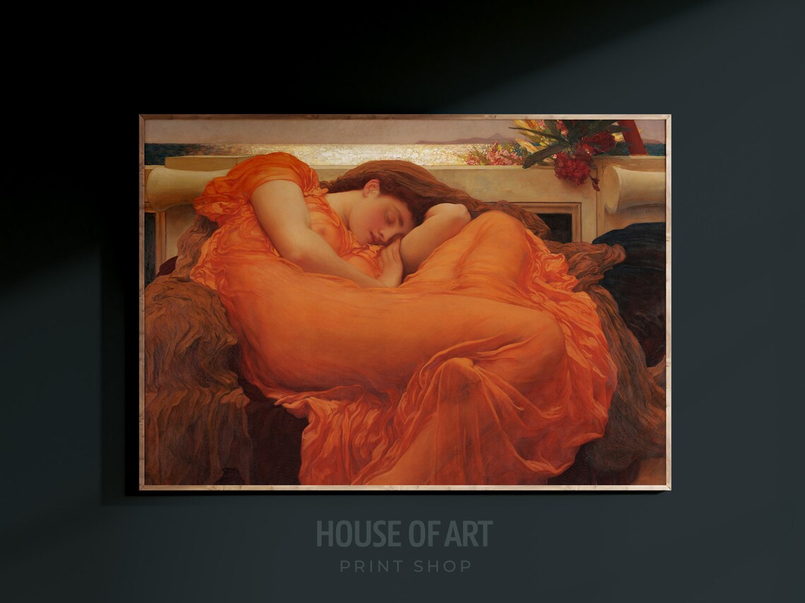 Leighton Flaming June Sleeping Woman Orange Drapery Pre Raphaelite Print - Image 3