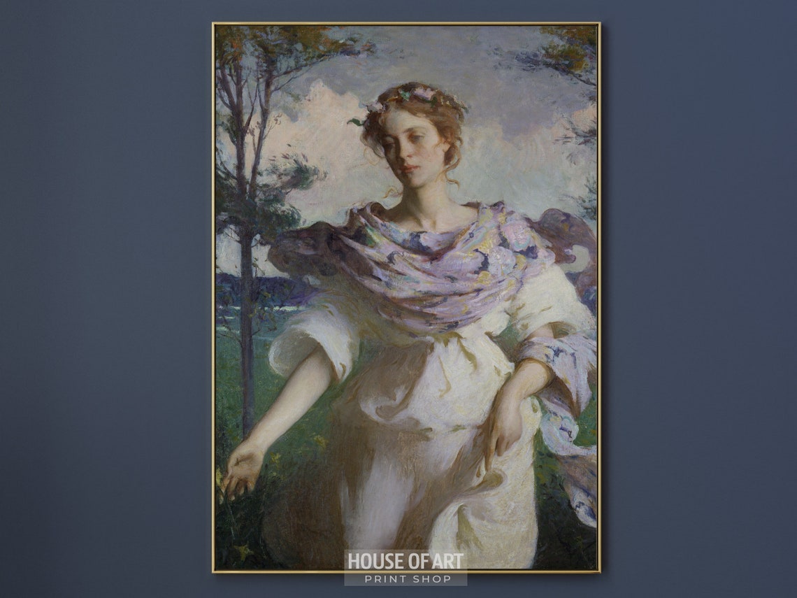 Dreamy Female Portrait Art Woman In Summer Instant Print Romantic Nymph White Dress Purple Scarf Oil Painting - Image 2