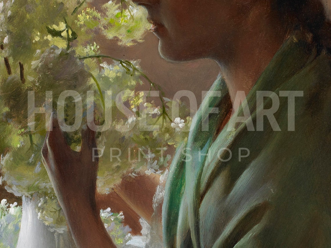 Vintage Portrait Artwork Young Woman With Bouquet Instant Print Fashionable Lady Smelling Flowers Oil Painting - Image 2