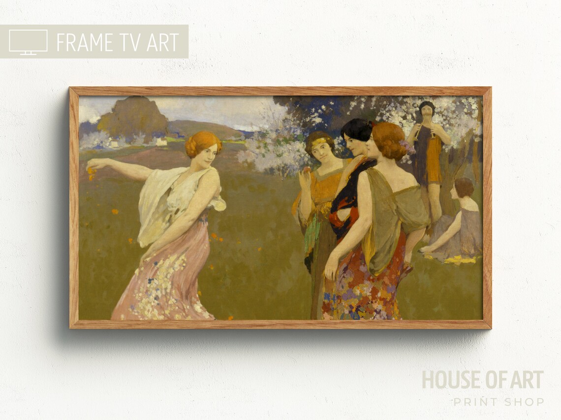Graceful Women Dancing In Blossom Garden Spring Vintage Oil Art Print