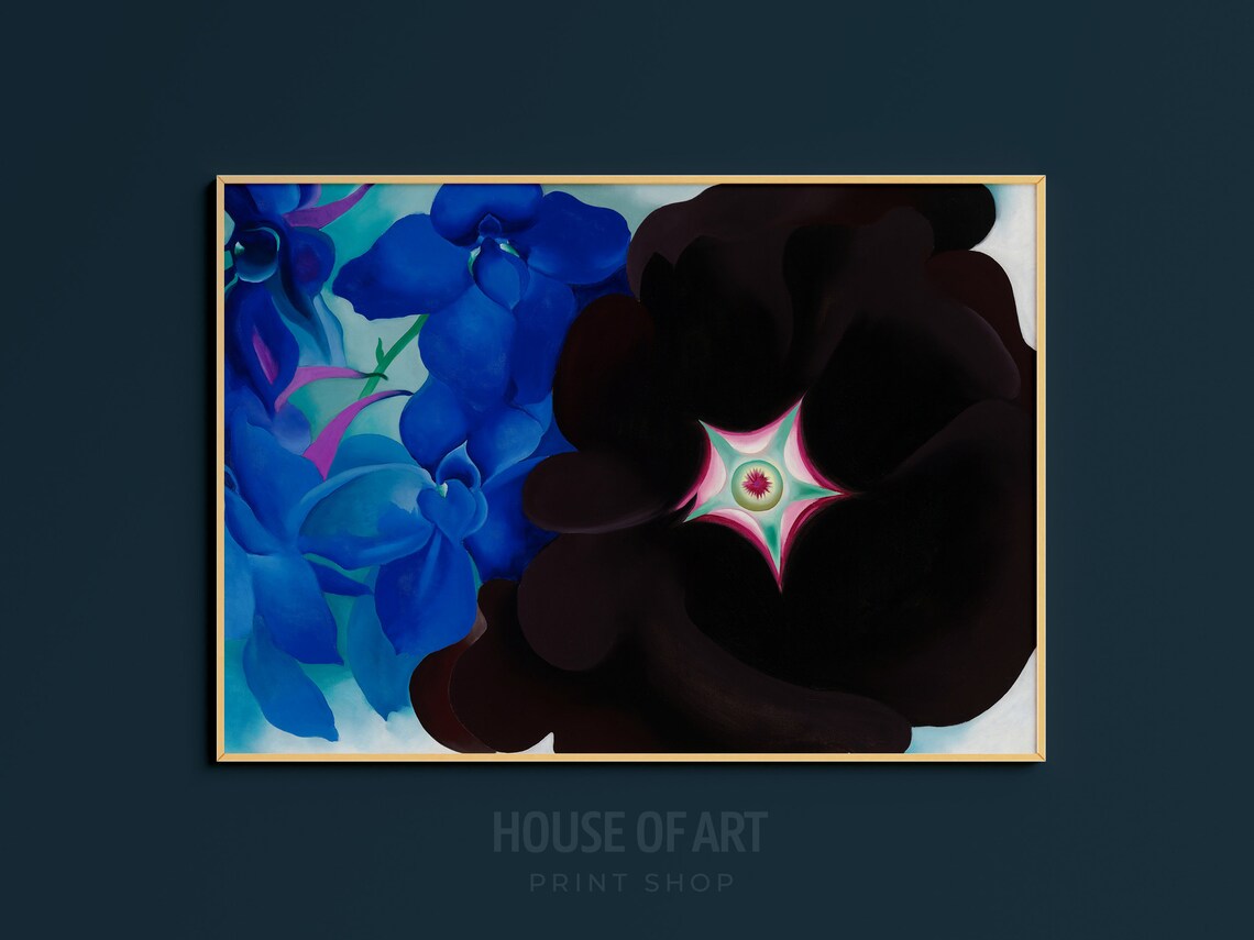 Georgia OKeeffe Style Black Hollyhock Blue Larkspur Flower Art Print - Image 3