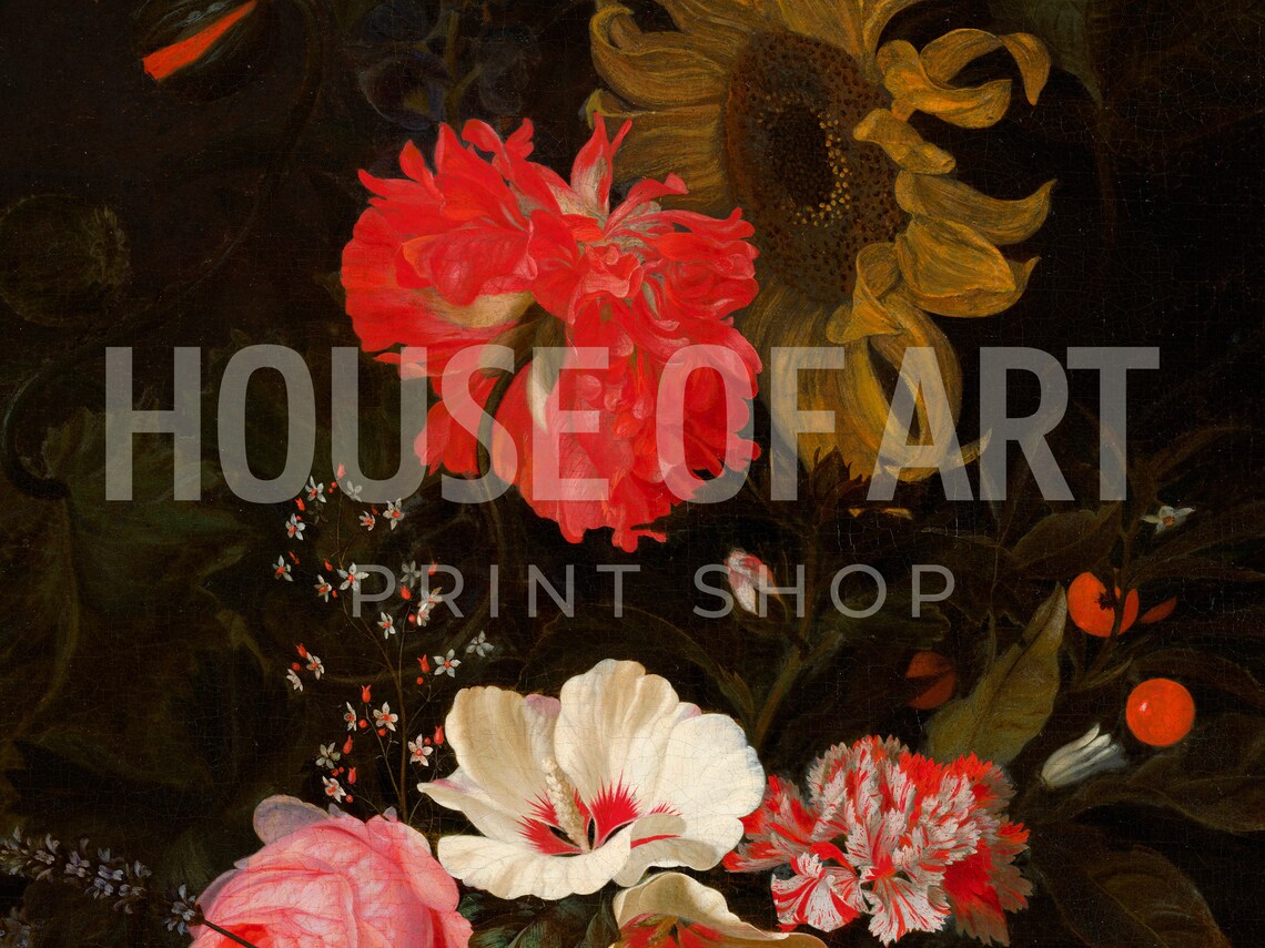 Baroque Flower Bouquet Sunflower Poppy Vase Dark Still Life Art Poster - Image 2
