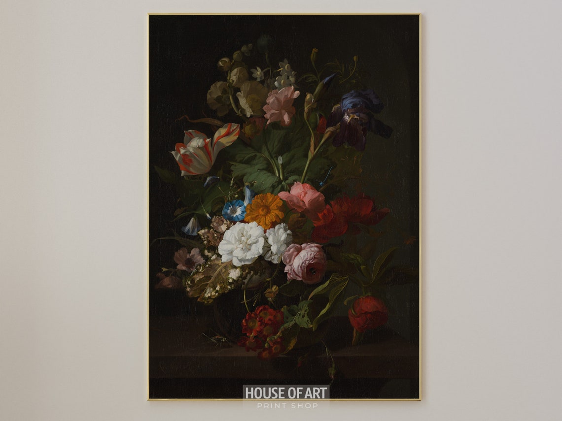 Moody Antique Floral Still Life Tulips Roses Iris Dark Oil Print