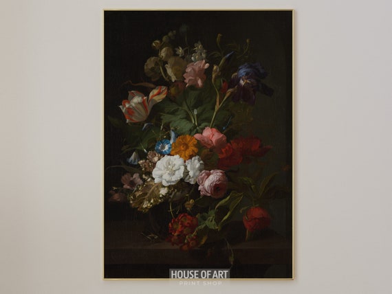 Moody Floral Art Print Antique Flower Bouquet Wall Art Dutch Still Life Oil Painting Gothic Floral Wall Art