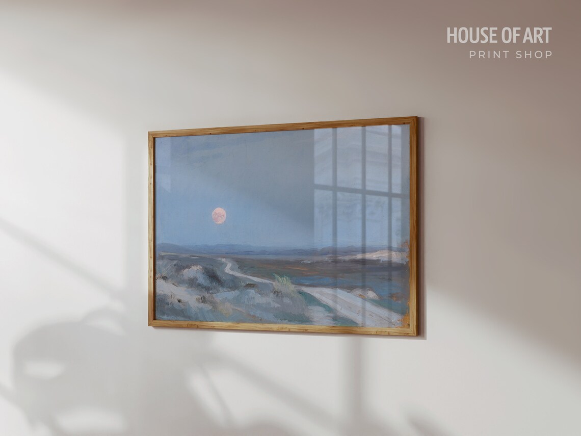 Dreamy Pink Full Moon Rising Blue Coast Night Landscape Oil Print - Image 3