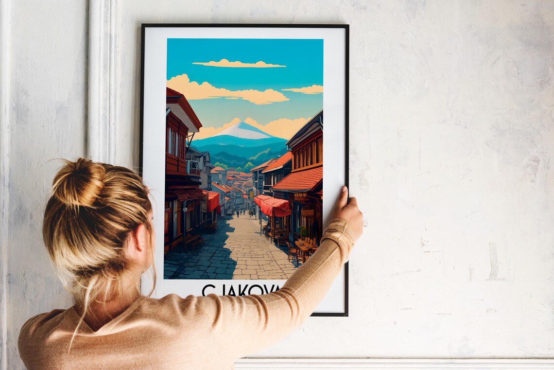 Gjakova Kosovo Travel Poster Old Town Cobblestone Street Mountain View - Image 2