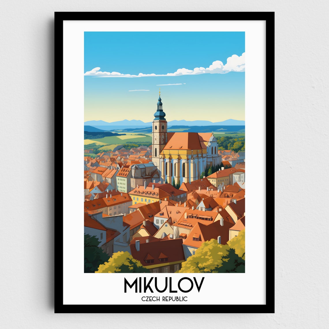Mikulov Czech Republic Old Town Church Tower Retro Travel Poster