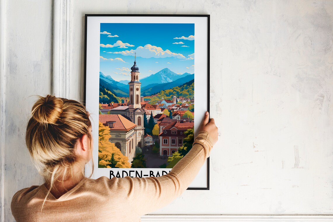 Baden-Baden Germany Church Tower Mountain Town Vintage Travel Poster - Image 2