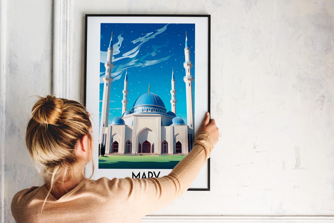Mary Turkmenistan Blue Dome Mosque Islamic Minarets Travel Poster - Image 2