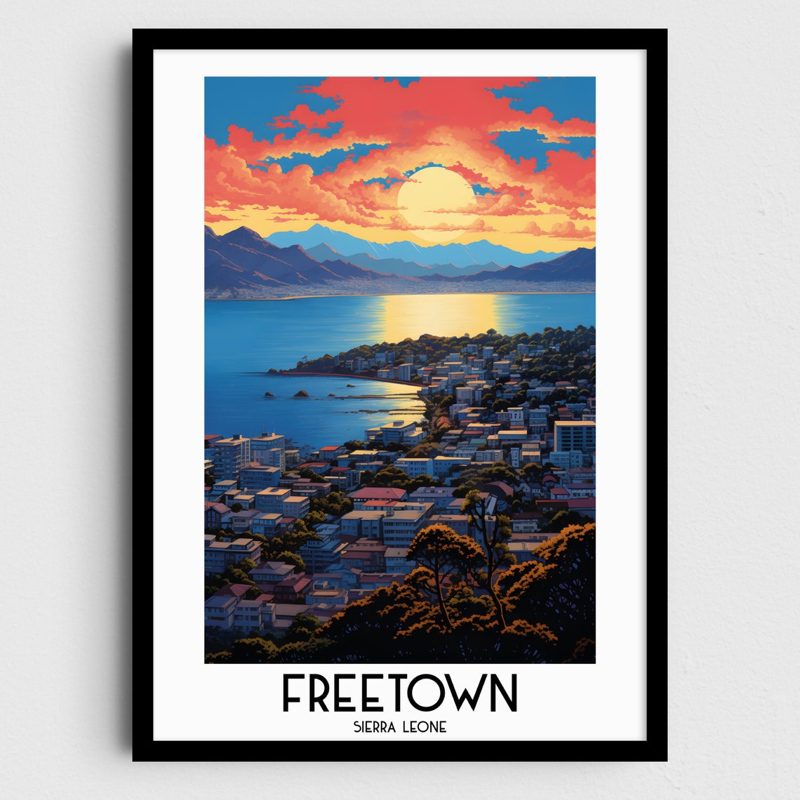 Freetown Sierra Leone Harbor Sunset Skyline Bay Travel Poster