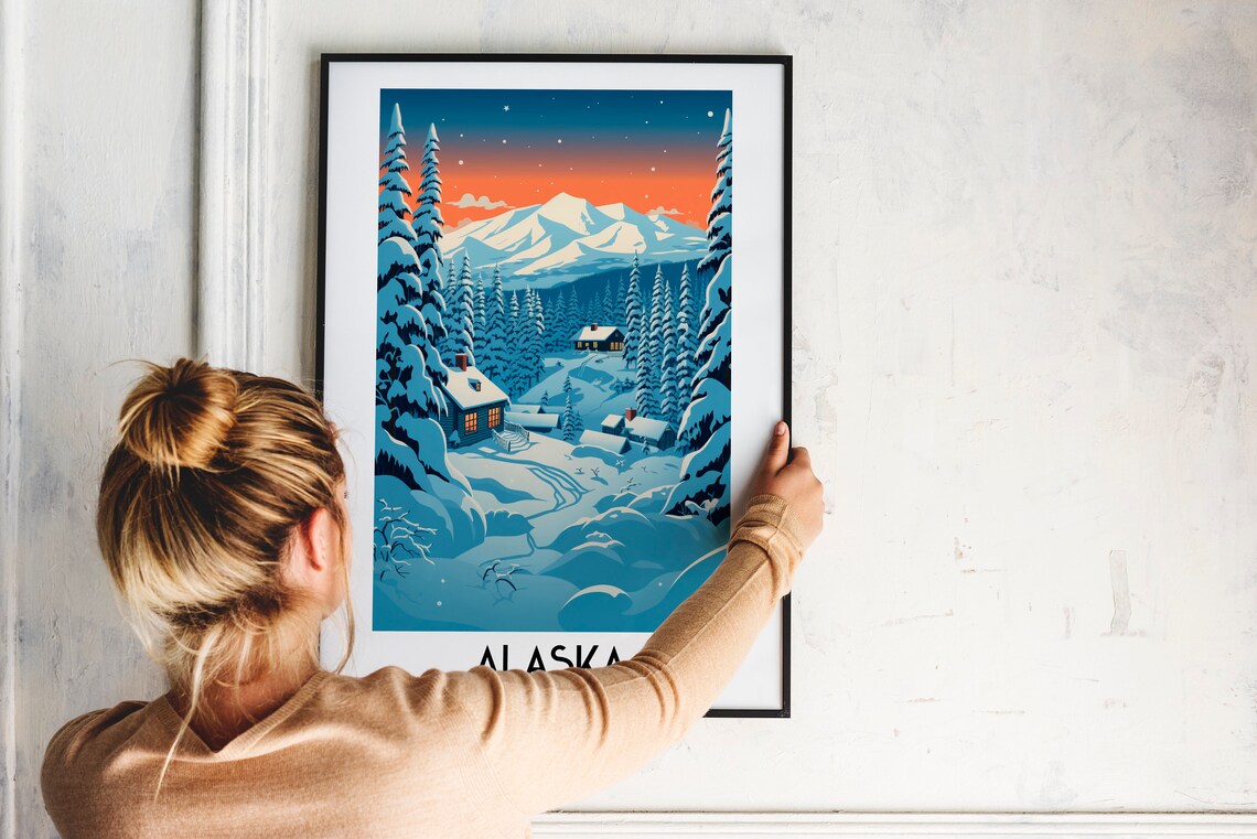 Alaska USA Snowy Cabin Mountain Winter Night Vintage Travel Poster - Image 2