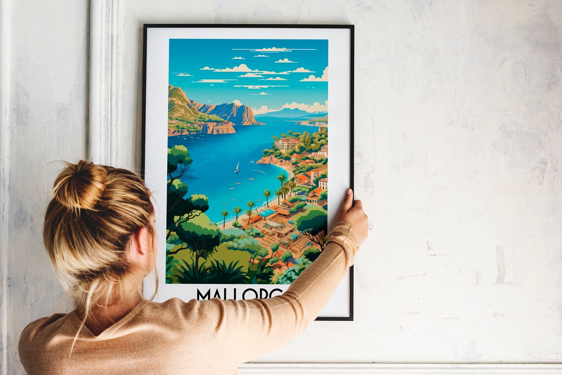 Mallorca Spain Turquoise Bay Mountain Coast Vintage Travel Art Poster - Image 2