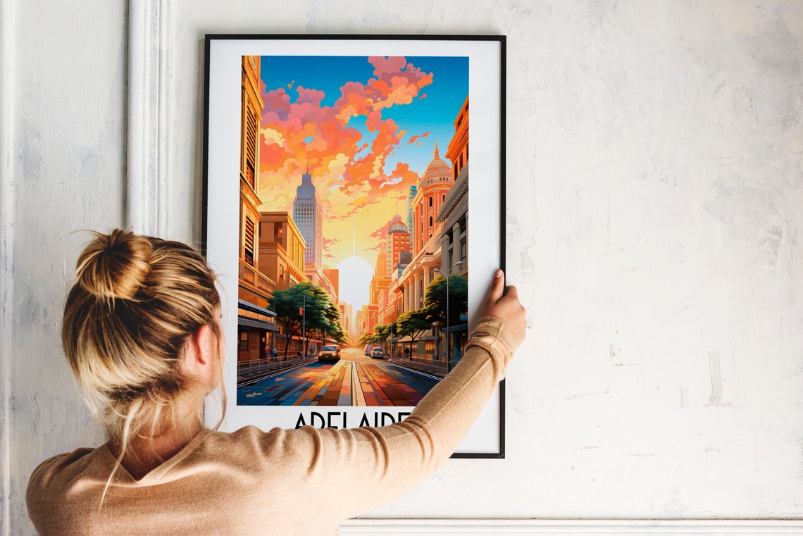 Adelaide Australia City Street Sunset Skyline Vintage Travel Poster - Image 2