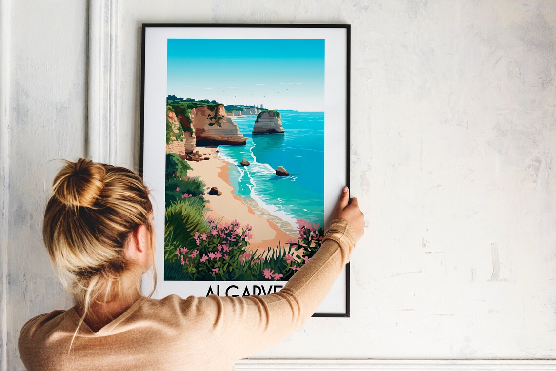 Algarve Portugal Golden Cliffs Beach Cove Vintage Travel Art Poster - Image 2