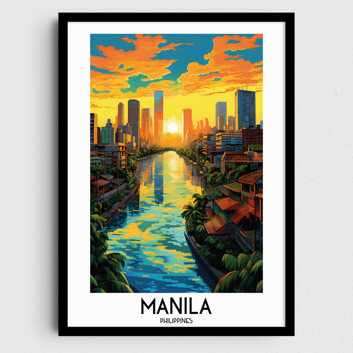 Manila Philippines Sunset Canal Skyline Glow Golden Travel Poster