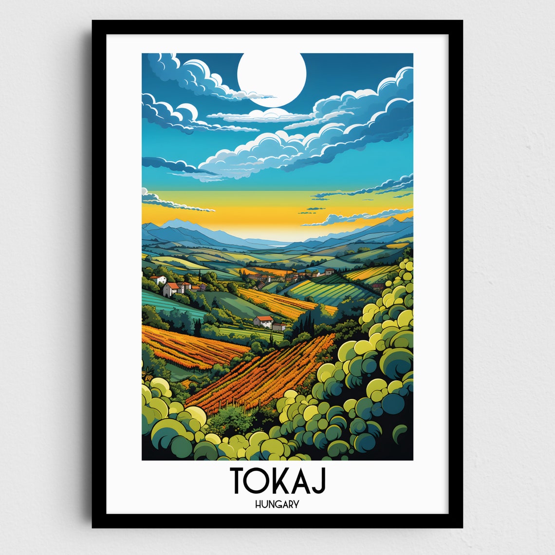 Tokaj Hungary Vineyard Hills Sunset Moon Wine Country Travel Poster