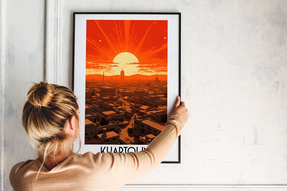 Khartoum Sudan Red Sunburst Cityscape Rooftops Vintage Travel Poster - Image 2