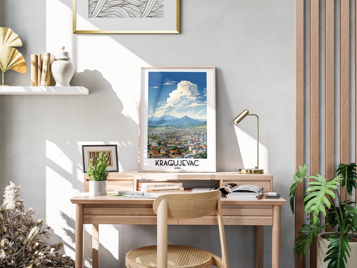 Kragujevac Serbia Red Rooftops Blue Mountains Balkan Travel Poster - Image 3