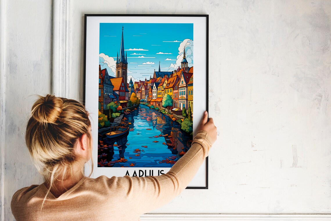 Aarhus Denmark Colorful Canal Houses Old Town Skyline Poster - Image 2