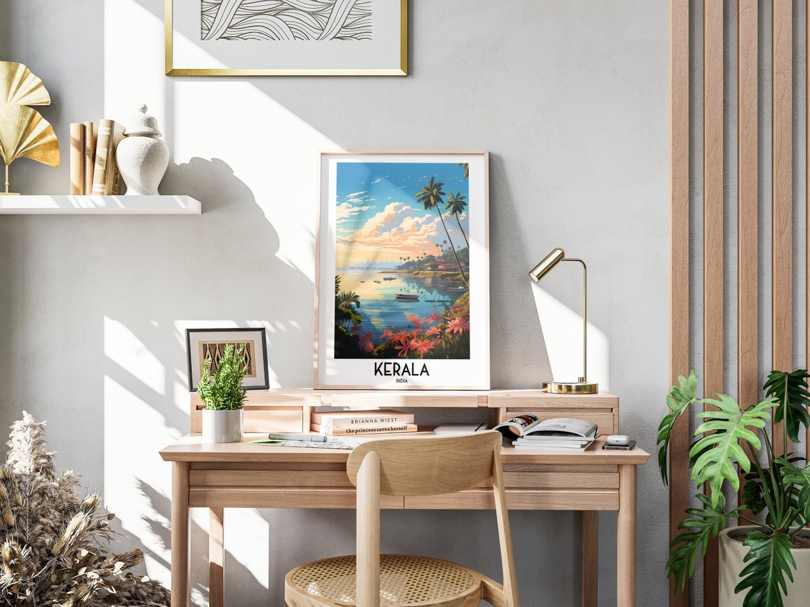 Kerala India Tropical Coast Palm Trees Sunset Boats Travel Art Poster - Image 3
