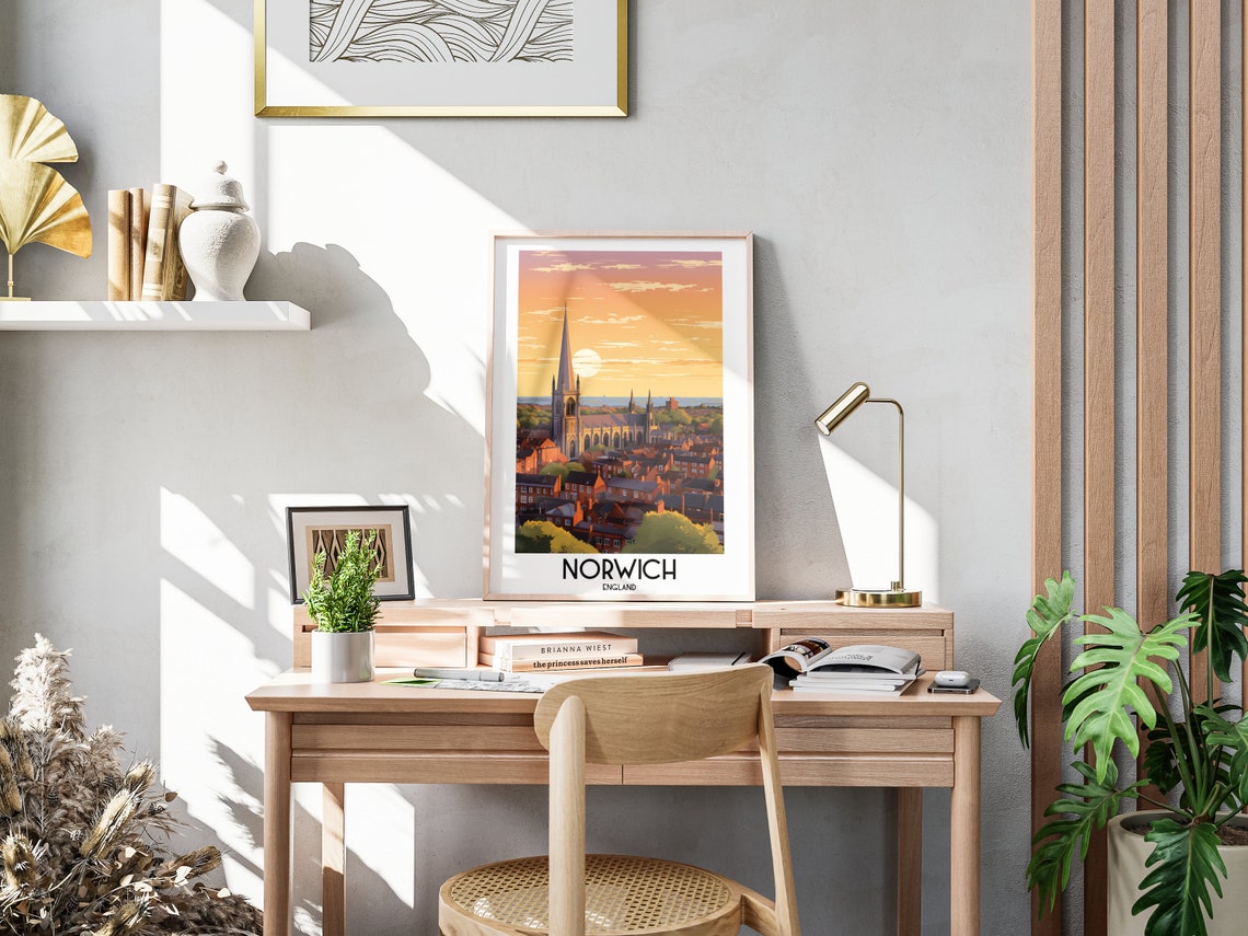 Norwich England Cathedral Sunset City Skyline Travel Art Poster - Image 3