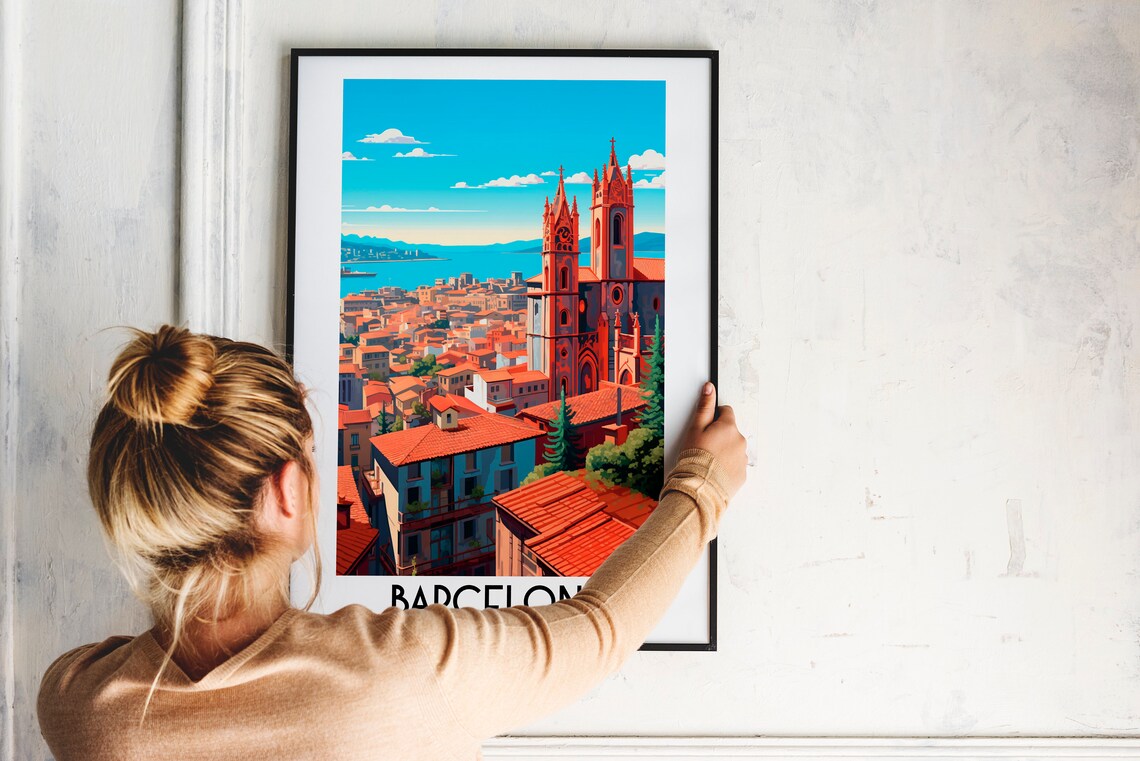 Barcelona Spain Twin Church Towers City View Vintage Travel Poster - Image 2