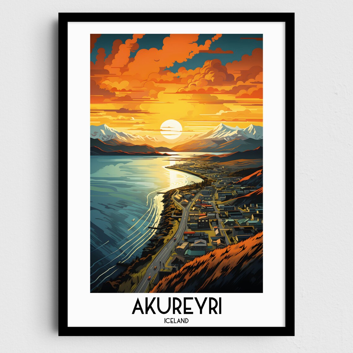 Akureyri Iceland Fjord Town Sunset Mountain Harbor View Poster