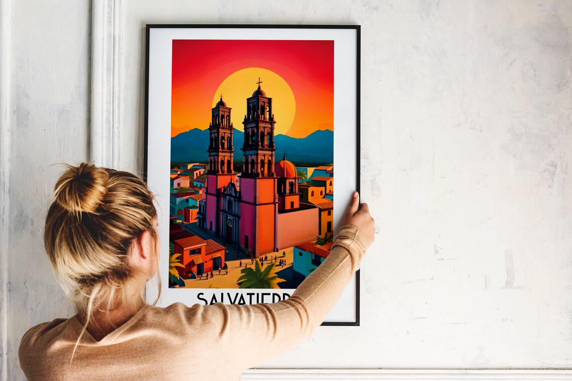 Salvatierra Twin Church Towers Sunset Mexico Travel Art Poster - Image 2