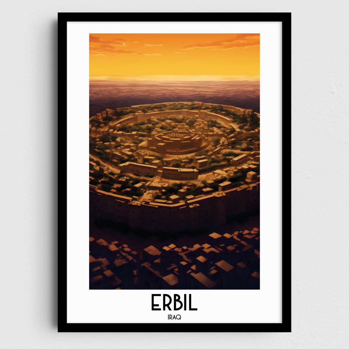 Erbil Historic Citadel Aerial Sunset Ancient Iraq Travel Art Poster