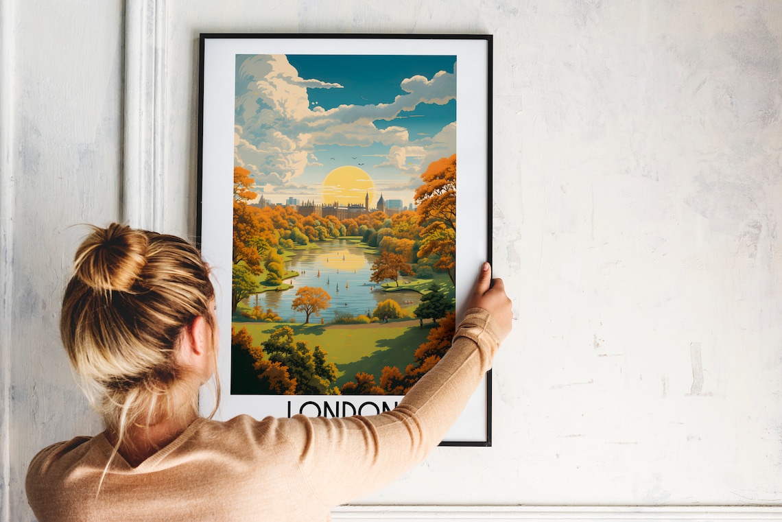 London England Autumn Park Lake Skyline Golden Light Travel Poster - Image 2