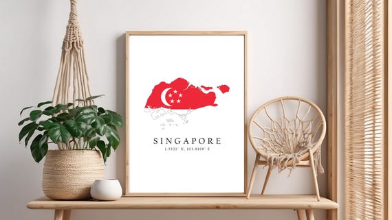 Singapore Map Print Flag Latitude Longitude Coordinates Poster Wall Art Home Dcor