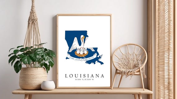 Louisiana Map Print Latitude Longitude Coordinates Flag Poster Wall Art Home Dcor