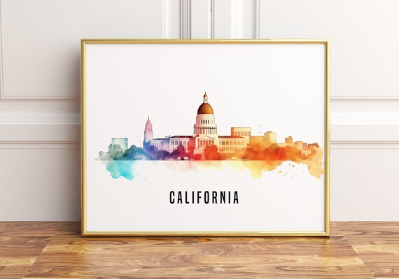 California Watercolor Cityscape Capitol Skyline Travel Poster