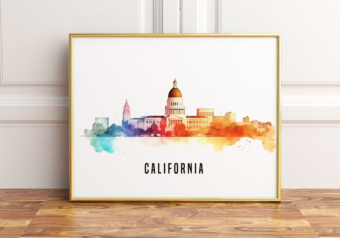 California Watercolor Cityscape Capitol Skyline Travel Poster