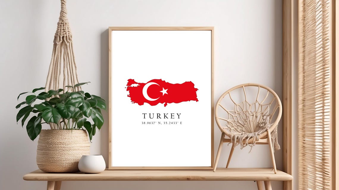 Turkey Map Print Flag Latitude Longitude Coordinates Poster Wall Art Home Dcor