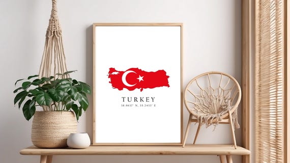 Turkey Map Print Flag Latitude Longitude Coordinates Poster Wall Art Home Dcor