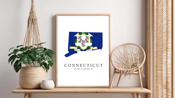 Connecticut Map Print Latitude Longitude Coordinates Flag Poster Wall Art Home Dcor