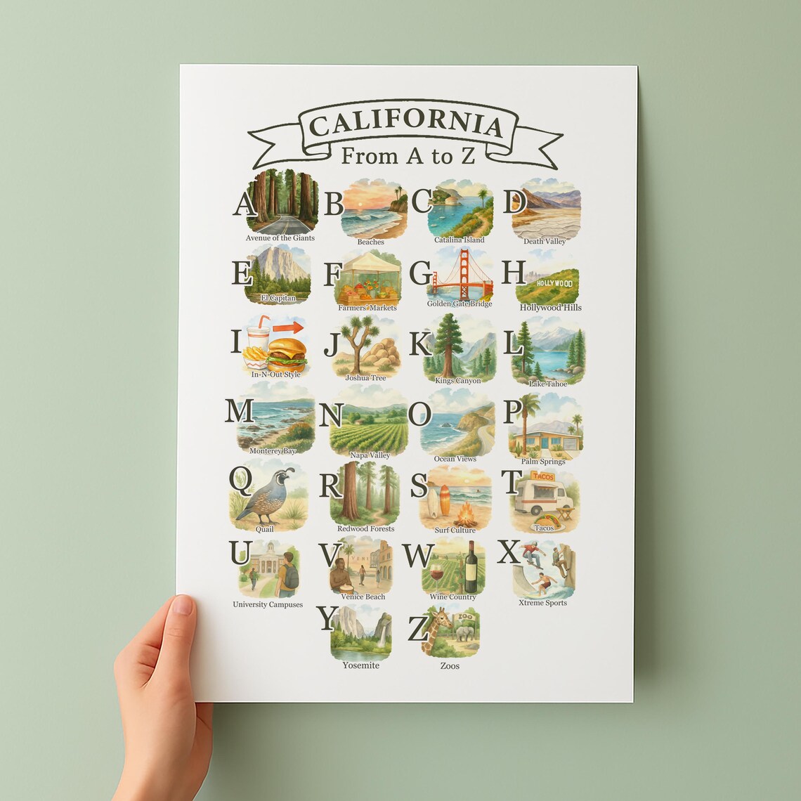 California From A to Z Watercolor Illustrated Alphabet Travel Poster
