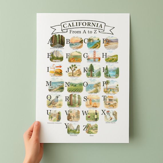 California From A to Z Watercolor Illustrated Alphabet Travel Poster