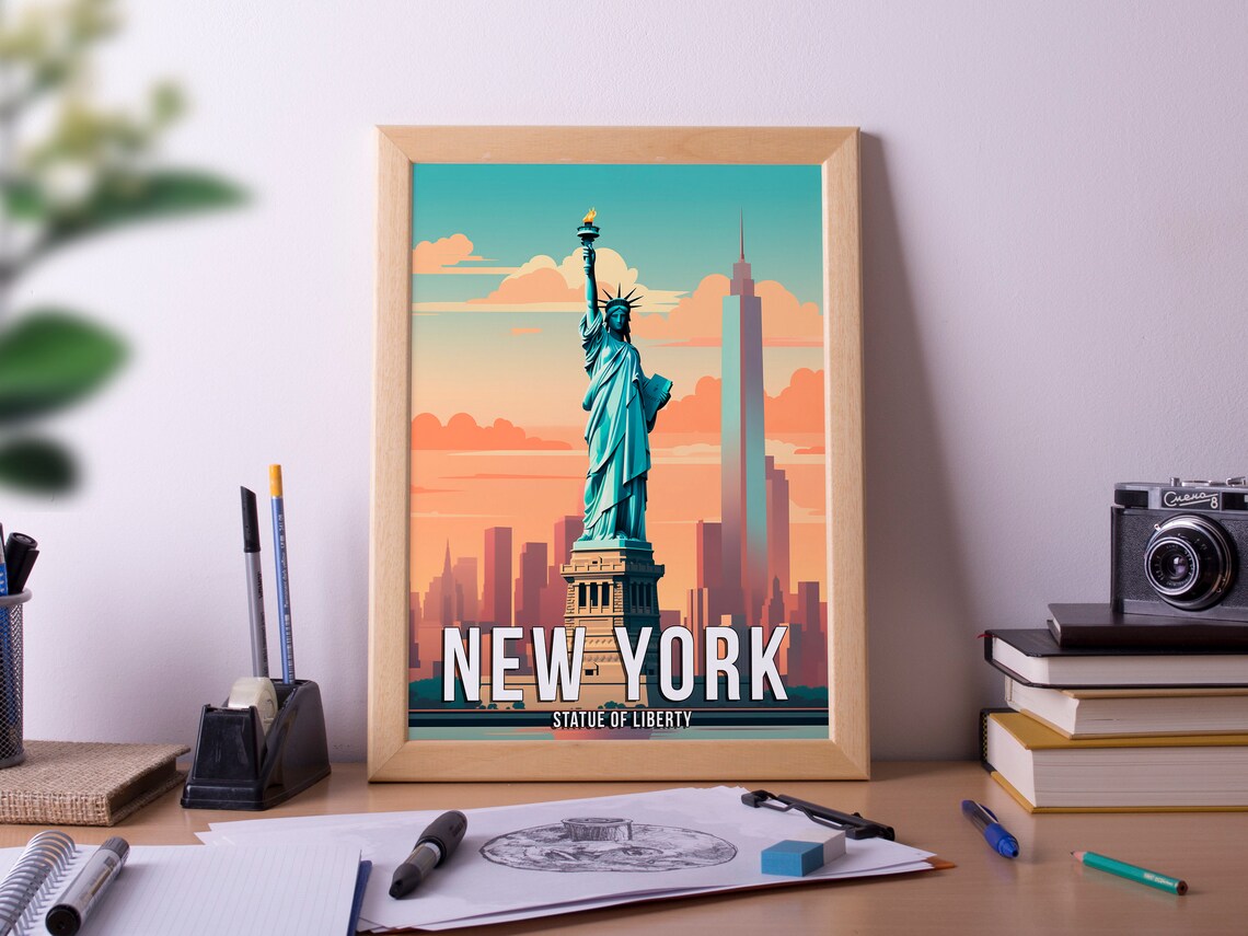 Statue Of Liberty Sunset Skyline Travel Poster New York City