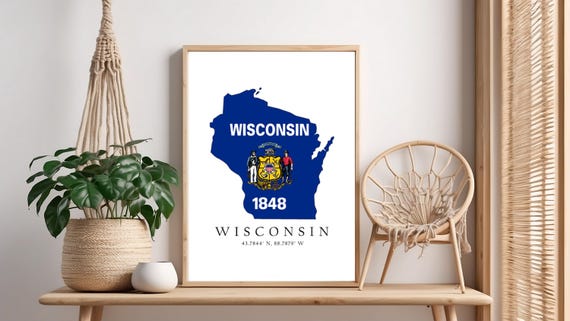 Wisconsin Map Print Flag Latitude Longitude Coordinates Poster Wall Art Home Dcor