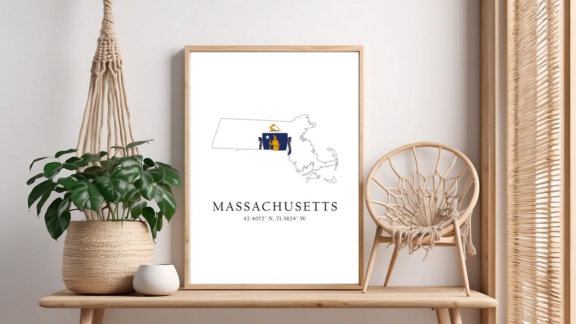Massachusetts State Flag Map Silhouette with Coordinates Wall Art