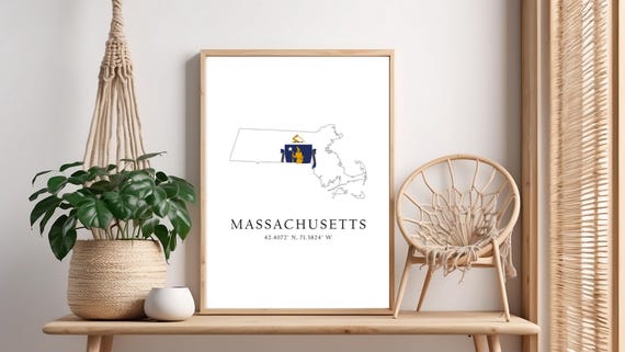 Massachusetts Map Print Latitude Longitude Coordinates Flag Poster Wall Art Home Dcor