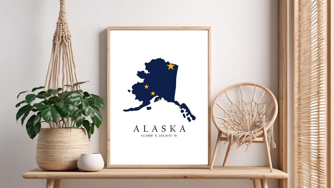 Alaska Map Print Flag Latitude Longitude Coordinates Poster Wall Art Home Dcor