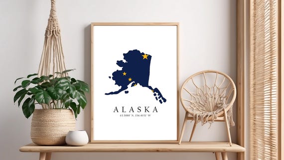Alaska Map Print Flag Latitude Longitude Coordinates Poster Wall Art Home Dcor