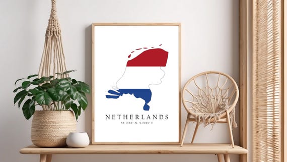 Netherlands Map Print Flag Latitude Longitude Coordinates Poster Wall Art Home Dcor