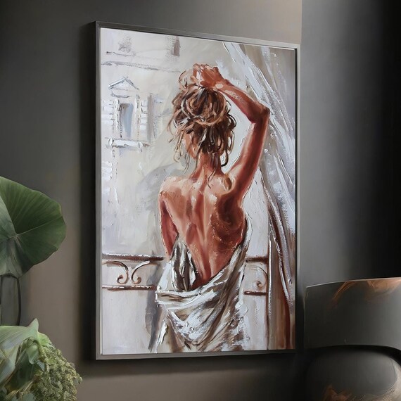 Nude Woman from Behind at Window White Drape Romantic Figurative Art Poster