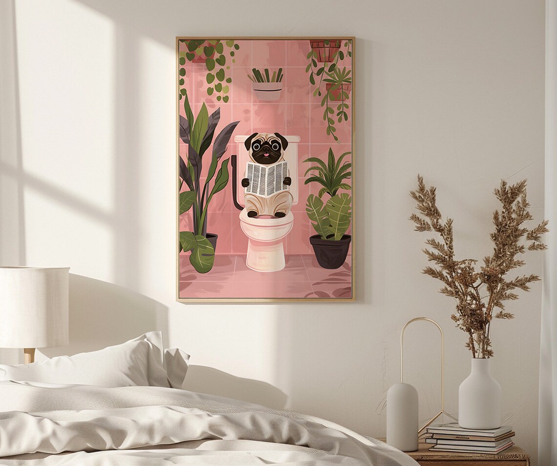 Cute Pug Reading Newspaper Vintage Bathroom Poster - Image 2