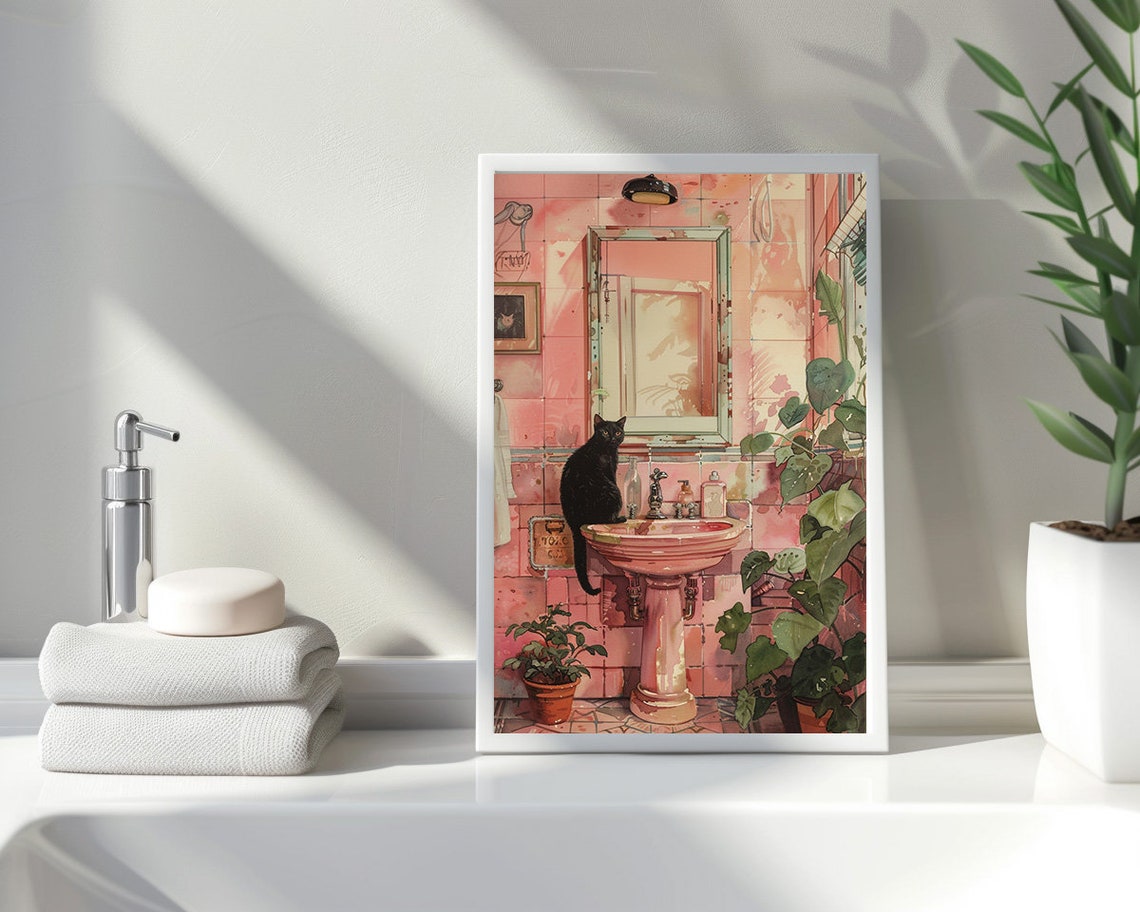 Black Cat Sitting on Pink Bathroom Sink Mirror Plants Poster - Image 2